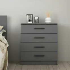 MARFA Commodes En Bois|Commode grise moderne 4 tiroirs, poignées noires