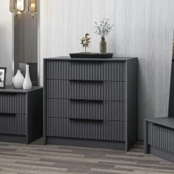 BYRON Commodes En Bois|Commode moderne 4 tiroirs grise, façade rainurée