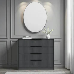 BYRON Commodes En Bois|Commode moderne beige 4 tiroirs, miroir assorti