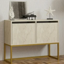 JENA Consoles En Bois|Consoles En Bois|Console basse avec niches de rangement, effet travertin