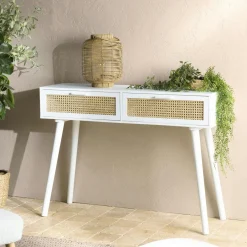 CALVIA Consoles Scandinaves|Consoles Avec Tiroirs|Console blanche moderne 2 tiroirs cannage naturel
