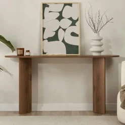 MARFA Consoles En Bois|Consoles En Bois|Console de salon ovale effet noyer clair - pieds en V