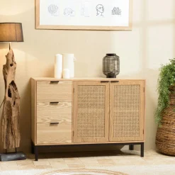 ALCUDIA Consoles Avec Tiroirs|Consoles Avec Tiroir|Console d'entrée bois - métal avec tiroirs cannage