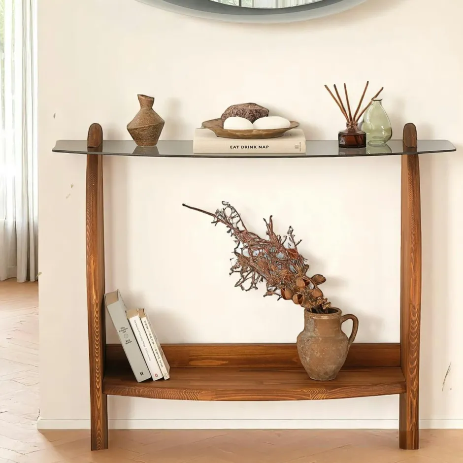 ANZIO Consoles En Bois|Consoles En Bois|Console d'entrée vintage - bois brun, verre teinté