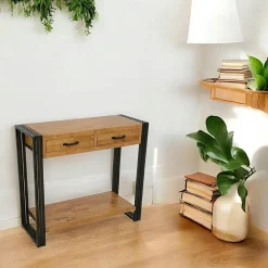 Docker Consoles Avec Tiroirs|Consoles Avec Tiroir|Console hévéa recyclé naturel et métal noirci 2 tiroirs 2 plateaux 90X35X80cm