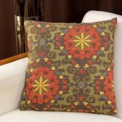 IZMIR Textile·Coussins|Coussin rétro multicolore – fleurs sur fond bleu
