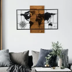 Décorations Murales|Décoration murale en métal et bois – planisphère