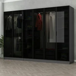 BYRON Armoires En Bois|Meubles De Chambre·Dressings|Dressing 6 portes verre, 2 tiroirs & cadre anthracite