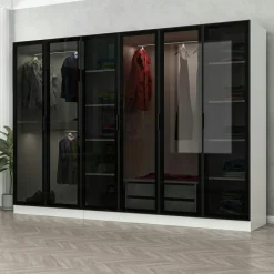 BYRON Armoires En Bois|Meubles De Chambre·Dressings|Dressing 6 portes verre, 2 tiroirs & cadre anthracite