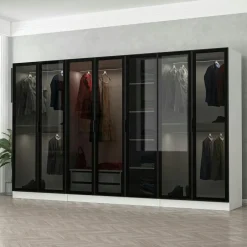 BYRON Armoires En Bois|Dressing design 7 portes verre noir & cadre effet bois