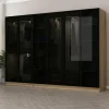 BYRON Armoires En Bois|Meubles De Chambre·Dressings|Dressing design 6 portes verre noir & cadre effet noyer