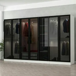 BYRON Armoires En Bois|Meubles De Chambre·Dressings|Dressing design XXL 5 penderies, blanc & verre noir