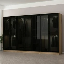 BYRON Meubles De Chambre·Dressings|Armoires En Bois|Dressing XXL 5 penderies, blanc & verre noir 190 cm
