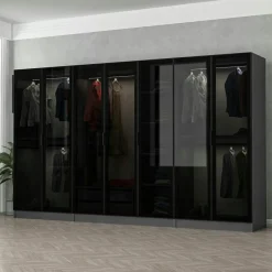 BYRON Meubles De Chambre·Dressings|Armoires En Bois|Dressing XXL 5 penderies, blanc & verre noir 190 cm