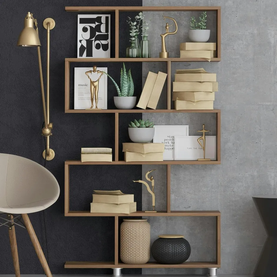 JENA Bibliothèques En Métal|Bibliothèques En Métal|Etagère déstructurée effet bois de noyer - pieds métal