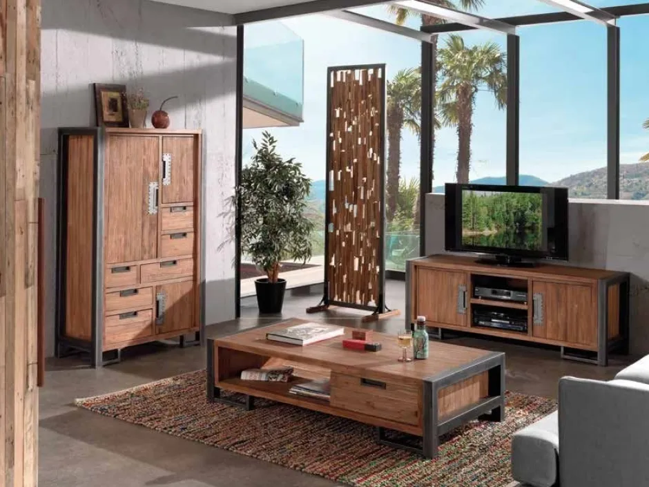 Canada Etagères Industrielle|Etagère en teck naturel 3 tiroirs 3 niches