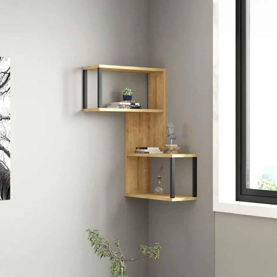 JENA Meubles De Salon·Etagères Murales|Meubles De Rangement·Etagères Murales|Etagère murale d'angle effet bois clair - 2 niches