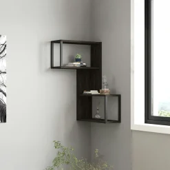 JENA Meubles De Salon·Etagères Murales|Meubles De Rangement·Etagères Murales|Etagère murale d'angle effet bois clair - 2 niches