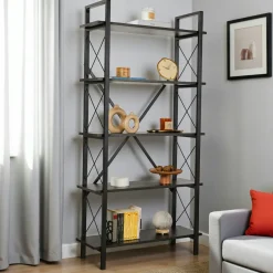 TALLINN Meubles De Salon·Etagères Murales|Meubles De Rangement·Etagères Murales|Etagère murale déstructurée en métal noir et bois, 4 plateaux