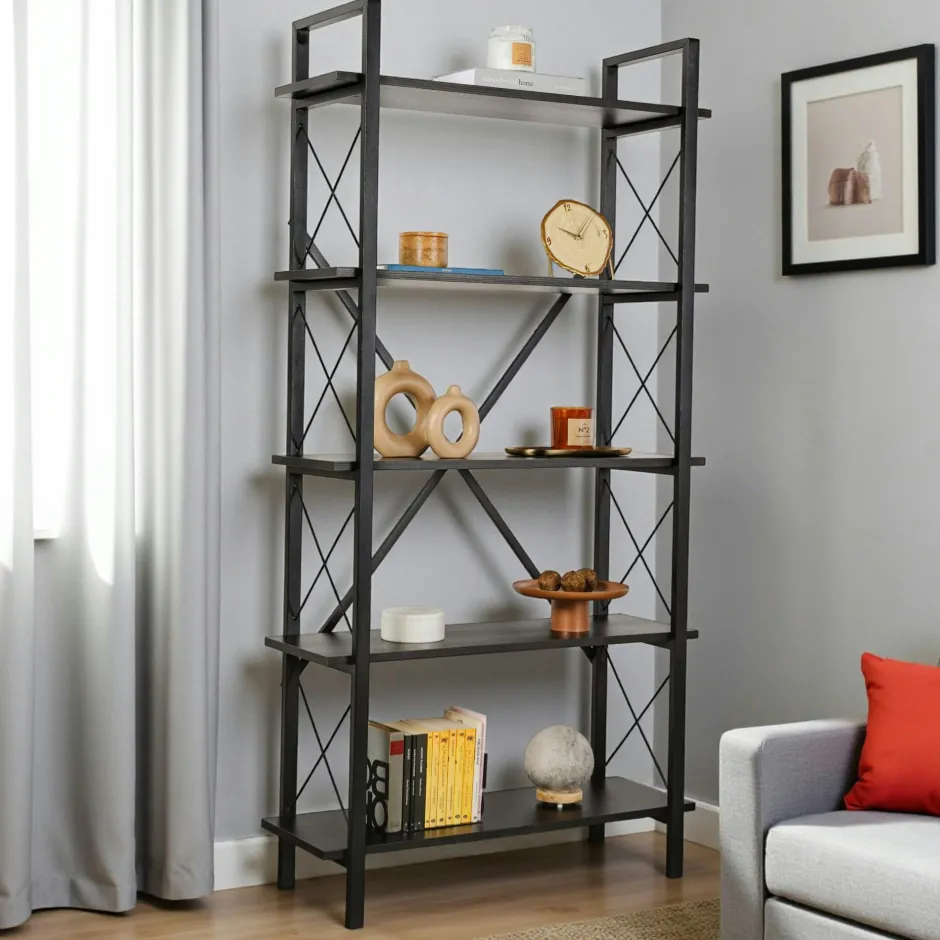 TALLINN Meubles De Salon·Etagères Murales|Meubles De Rangement·Etagères Murales|Etagère murale déstructurée en métal noir et bois, 4 plateaux