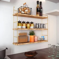 TALLINN Meubles De Salon·Etagères Murales|Meubles De Rangement·Etagères Murales|Etagère murale déstructurée en métal et bois, finition verte, 4 plateaux