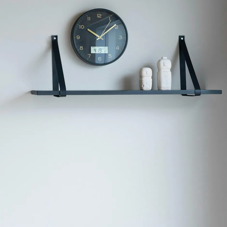 TALLINN Meubles De Salon·Etagères Murales|Meubles De Rangement·Etagères Murales|Etagère murale en bois et cuir noir 80 cm