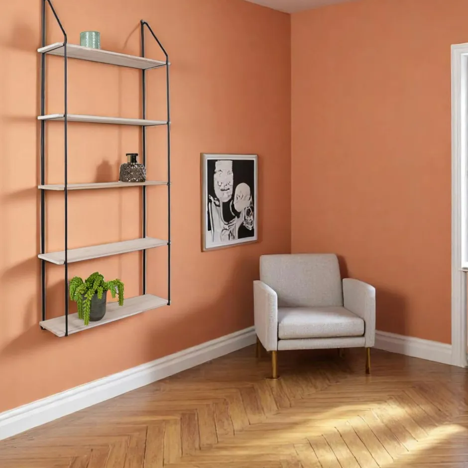 TALLINN Meubles De Salon·Etagères Murales|Meubles De Rangement·Etagères Murales|Etagère murale en métal noir et bois, 5 plateaux