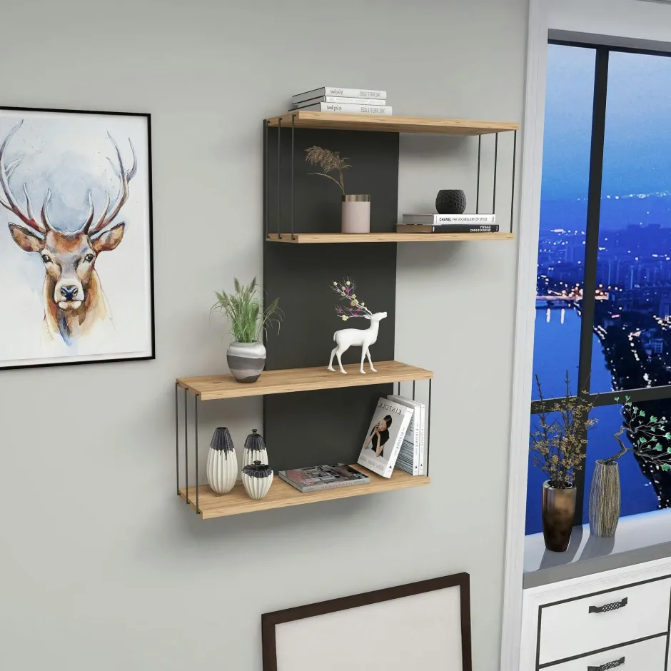 JENA Meubles De Salon·Etagères Murales|Meubles De Rangement·Etagères Murales|Etagère murale moderne effet bois & gris - 2 niches