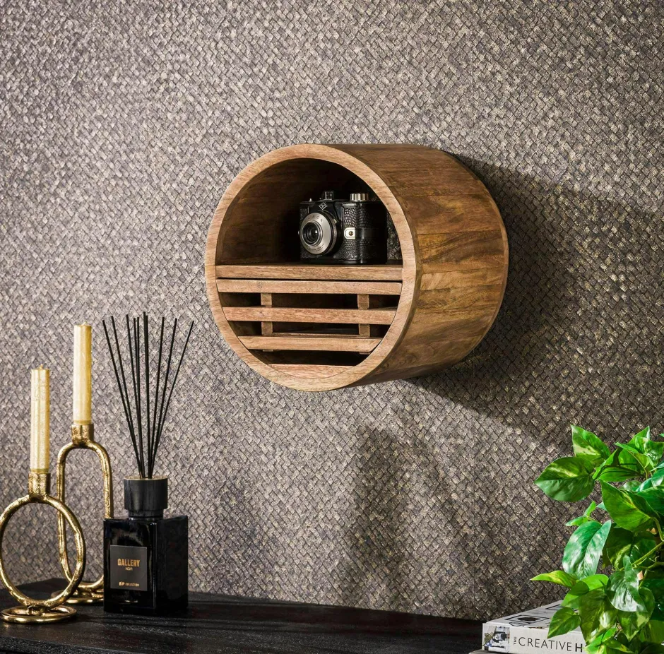 DELHI Meubles De Salon·Etagères Murales|Meubles De Rangement·Etagères Murales|Etagère murale ronde 1 tiroir bois de manguier ø 30 cm