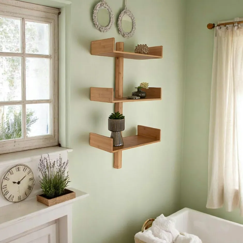 TALLINN Meubles De Salon·Etagères Murales|Meubles De Rangement·Etagères Murales|Etagère murale verticale en bambou 3 plateaux avec joues 102 cm