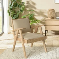 DIKA Fauteuils En Tissu|Fauteuil bois exotique clair tissu kaki