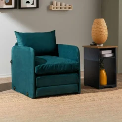 ORURO Fauteuils En Tissu|Fauteuils Convertibles|Fauteuil convertible velours bleu lagon couchage 200 cm