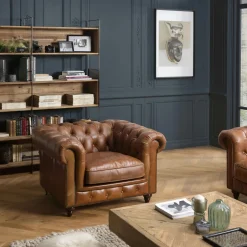 PRESTON Fauteuils Vintage|Fauteuils En Cuir|Fauteuil cuir brun Chesterfield 2 roulettes