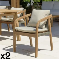 BAHIA Chaises De Jardin|Fauteuil de jardin acacia et cordage vert avec coussins (lot de 2)