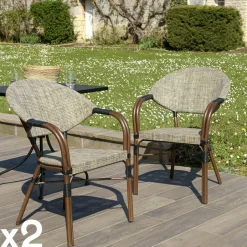 GIJON Chaises De Jardin|Fauteuil de jardin bistrot acier et tissu taupe (lot de 2)