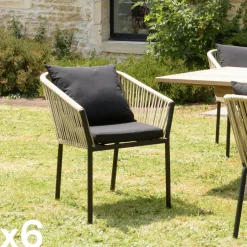 GIJON Chaises De Jardin|Fauteuil de jardin cordage couleur naturelle 2 coussins noirs (lot de 6)