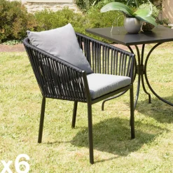 GIJON Chaises De Jardin|Fauteuil de jardin cordage couleur naturelle 2 coussins noirs (lot de 6)