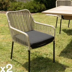 GIJON Chaises De Jardin|Fauteuil de jardin cordage couleur naturelle 1 coussin noir (lot de 2)