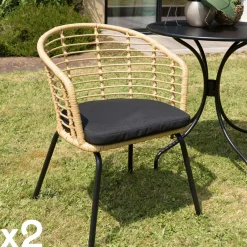 GIJON Chaises De Jardin|Fauteuil de jardin rotin synthétique ajouré couleur naturelle avec coussin noir (lot de 2)