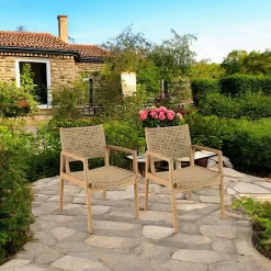 SUMMER Chaises De Jardin|Fauteuil de jardin rotin synthétique beige et teck (lot de 2)