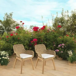 SUMMER Chaises De Jardin|Fauteuil de jardin teck et assise tressée beige avec coussin blanc (lot de 2)