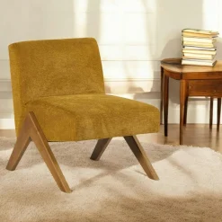 SOHO Fauteuils En Tissu|Fauteuil de salon bois et velours moutarde