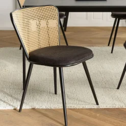 LOANO Chaises En Rotin|Chaises Contemporaines|Fauteuil de table assise velours noir dossier cannage arrondi (lot de 2)