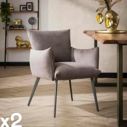 Melbourne Chaises Avec Accoudoirs|Chaises Contemporaines|Fauteuil de table en velours gris effet coussin (lot de 2)