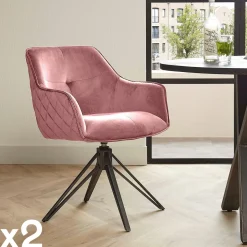 Melbourne Meubles De Cuisine·Chaises|Chaises Avec Accoudoirs|Fauteuil de table en velours rose pivotant (lot de 2)