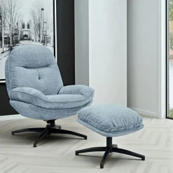IENA Fauteuils En Tissu|Fauteuil détente bleu acier pivotant avec repose-pieds