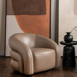 BRADFORD Fauteuils Vintage|Fauteuils En Cuir|Fauteuil en cuir taupe pivotant