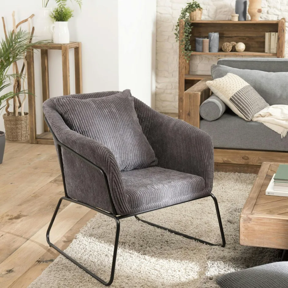 TIM Fauteuils En Tissu|Fauteuil gris anthracite en velours côtelé