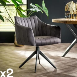 Melbourne Chaises Avec Accoudoirs|Chaises Contemporaines|Fauteuil pivotant de table en velours gris à larges bandes (lot de 2)