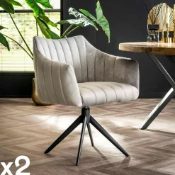 Melbourne Chaises Avec Accoudoirs|Chaises Contemporaines|Fauteuil pivotant de table en velours gris à larges bandes (lot de 2)